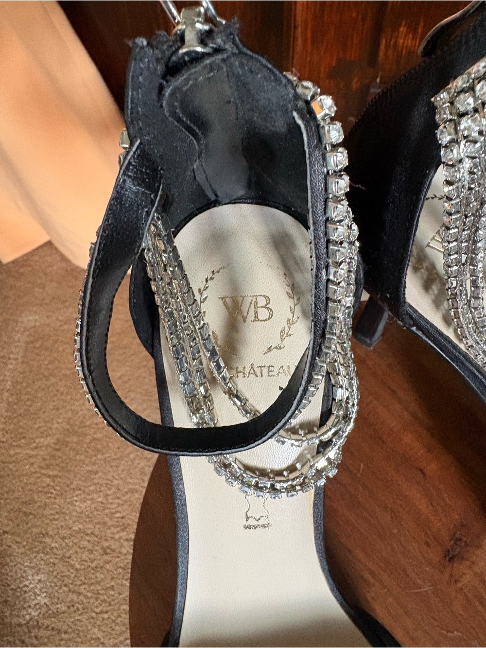 le chateau Black Satin Heels with Crystal Chain Straps